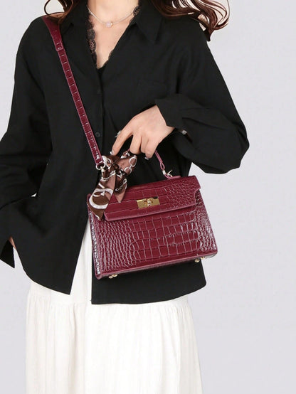 Nova Bolsa Feminina Padrão Crocodilo Brilhante, Grande Capacidade, Moda e Elegante, Acompanha Lenço Estiloso, Pode Ser Usada Como Bolsa de Ombro, Preta