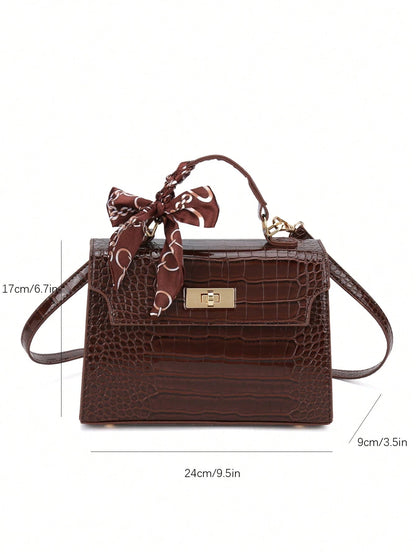 Nova Bolsa Feminina Padrão Crocodilo Brilhante, Grande Capacidade, Moda e Elegante, Acompanha Lenço Estiloso, Pode Ser Usada Como Bolsa de Ombro, Preta