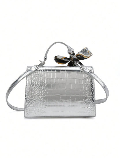 Nova Bolsa Feminina Padrão Crocodilo Brilhante, Grande Capacidade, Moda e Elegante, Acompanha Lenço Estiloso, Pode Ser Usada Como Bolsa de Ombro, Preta