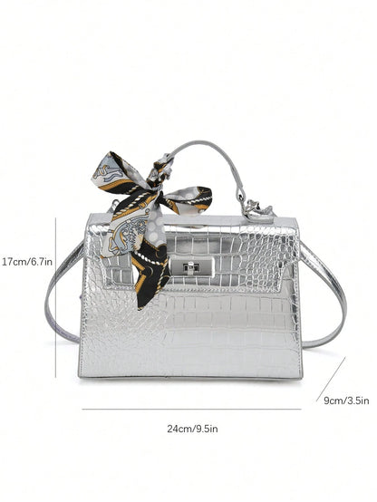 Nova Bolsa Feminina Padrão Crocodilo Brilhante, Grande Capacidade, Moda e Elegante, Acompanha Lenço Estiloso, Pode Ser Usada Como Bolsa de Ombro, Preta