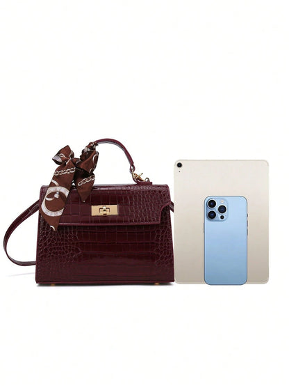 Nova Bolsa Feminina Padrão Crocodilo Brilhante, Grande Capacidade, Moda e Elegante, Acompanha Lenço Estiloso, Pode Ser Usada Como Bolsa de Ombro, Preta