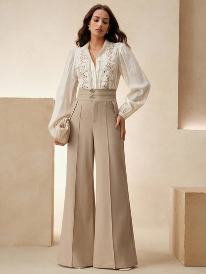 Anewsta Calças Elegantes de Cintura Alta e Flare para Mulher com Abotoamento Duplo, Adequado para Outfit de Ano Novo