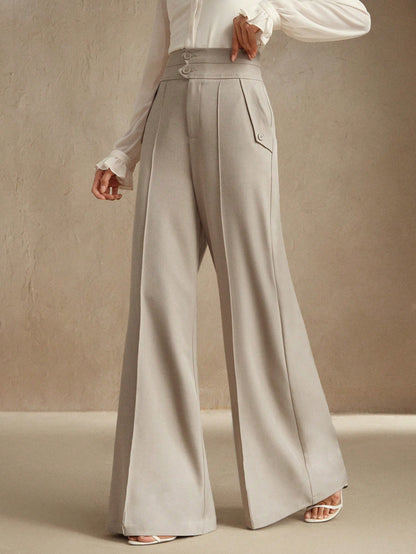 Anewsta Calças Elegantes de Cintura Alta e Flare para Mulher com Abotoamento Duplo, Adequado para Outfit de Ano Novo