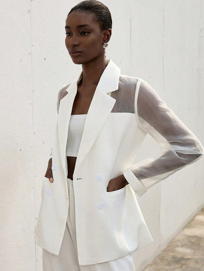 Aveloria Modichic Blazer Dupla-Amarração Respirável de Tecido Splice de Organza para Negócios e Transporte Versátil e Elegante de Alta Classe para Mulheres