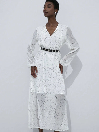 Aveloria Modichic Vestido Elegante com Mangas Longas, Cinto, Gola de Laço e Estampa de Bolinhas Transparente de Chiffon para Mulheres