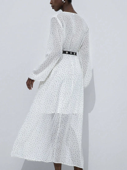 Aveloria Modichic Vestido Elegante com Mangas Longas, Cinto, Gola de Laço e Estampa de Bolinhas Transparente de Chiffon para Mulheres