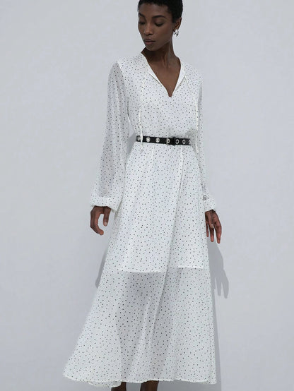 Aveloria Modichic Vestido Elegante com Mangas Longas, Cinto, Gola de Laço e Estampa de Bolinhas Transparente de Chiffon para Mulheres