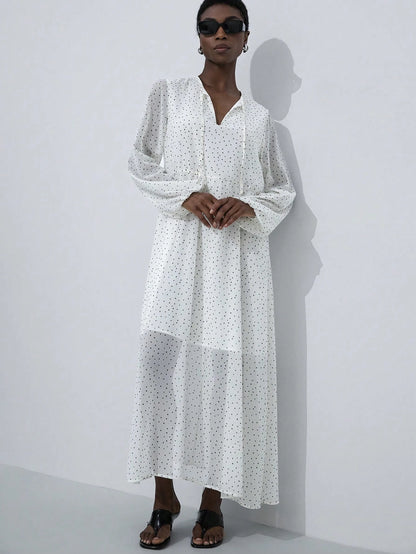 Aveloria Modichic Vestido Elegante com Mangas Longas, Cinto, Gola de Laço e Estampa de Bolinhas Transparente de Chiffon para Mulheres