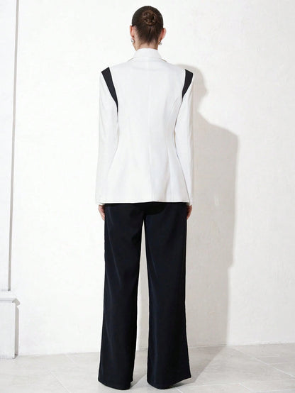 Aveloria Modichic Jaqueta de Terno Feminino Casual de Escritório em Estilo Clássico Azul e Preto, Design Chique com Lapela, Decote em V, Ajuste na Cintura, Slim, Ombreiras, Fechamento com Botão Único, Manga Longa