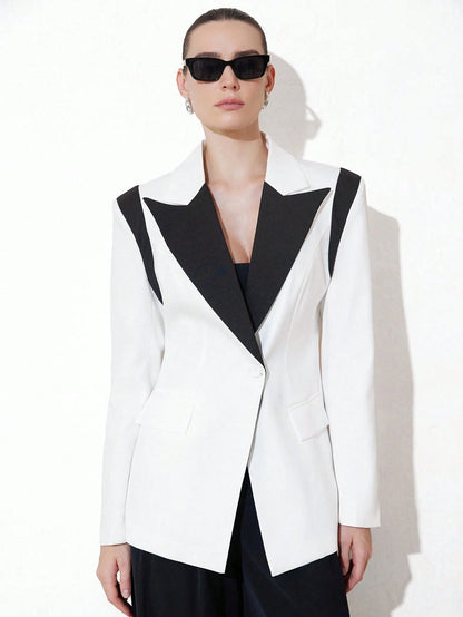 Aveloria Modichic Jaqueta de Terno Feminino Casual de Escritório em Estilo Clássico Azul e Preto, Design Chique com Lapela, Decote em V, Ajuste na Cintura, Slim, Ombreiras, Fechamento com Botão Único, Manga Longa