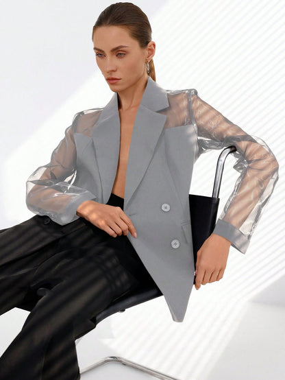 Aveloria Modichic Blazer Dupla-Amarração Respirável de Tecido Splice de Organza para Negócios e Transporte Versátil e Elegante de Alta Classe para Mulheres