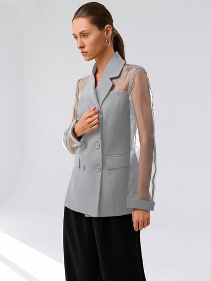 Aveloria Modichic Blazer Dupla-Amarração Respirável de Tecido Splice de Organza para Negócios e Transporte Versátil e Elegante de Alta Classe para Mulheres