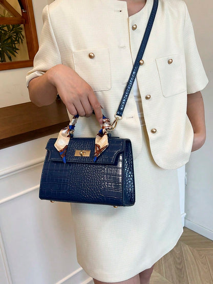 Nova Bolsa Feminina Padrão Crocodilo Brilhante, Grande Capacidade, Moda e Elegante, Acompanha Lenço Estiloso, Pode Ser Usada Como Bolsa de Ombro, Preta