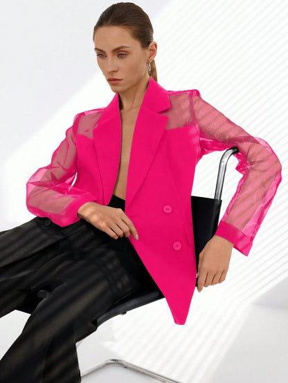 Aveloria Modichic Blazer Dupla-Amarração Respirável de Tecido Splice de Organza para Negócios e Transporte Versátil e Elegante de Alta Classe para Mulheres