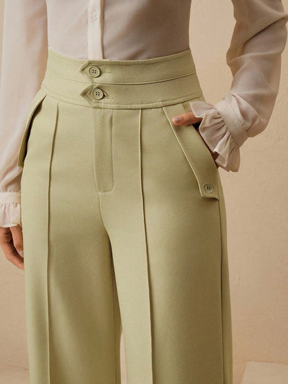 Anewsta Calças Elegantes de Cintura Alta e Flare para Mulher com Abotoamento Duplo, Adequado para Outfit de Ano Novo