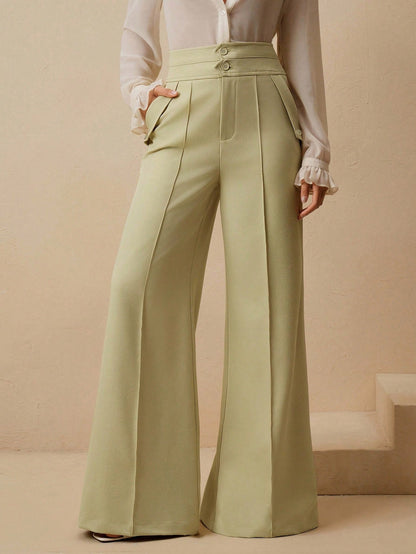 Anewsta Calças Elegantes de Cintura Alta e Flare para Mulher com Abotoamento Duplo, Adequado para Outfit de Ano Novo