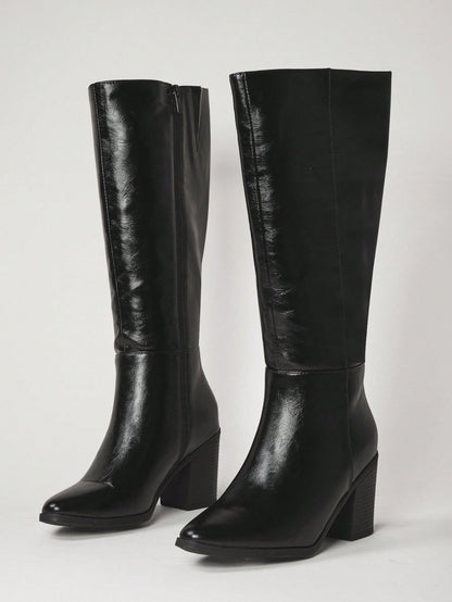 SHUZIA Botas cano alto de salto agulha de cor sólida para mulheres, outono/inverno