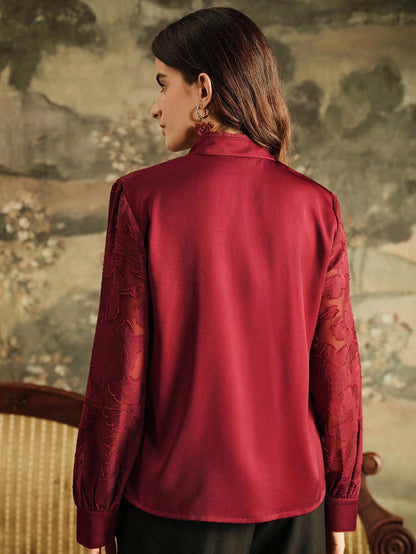 Anewsta Camisa de Manga Longa Feminina com Recorte de Renda Francesa Elegante