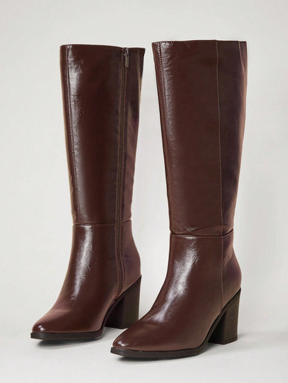 SHUZIA Botas cano alto de salto agulha de cor sólida para mulheres, outono/inverno