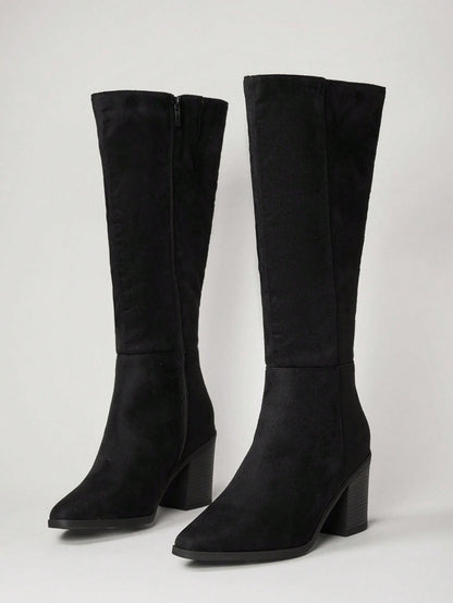 SHUZIA Botas cano alto de salto agulha de cor sólida para mulheres, outono/inverno