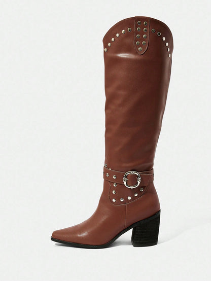 SHUZIA Botas cano alto de salto agulha de cor sólida para mulheres, outono/inverno