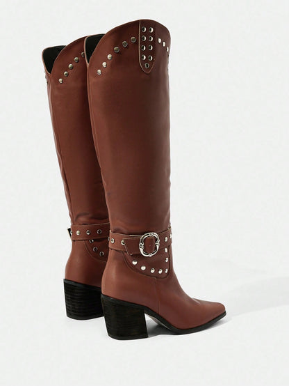 SHUZIA Botas cano alto de salto agulha de cor sólida para mulheres, outono/inverno