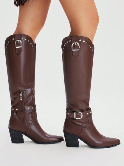 SHUZIA Botas cano alto de salto agulha de cor sólida para mulheres, outono/inverno