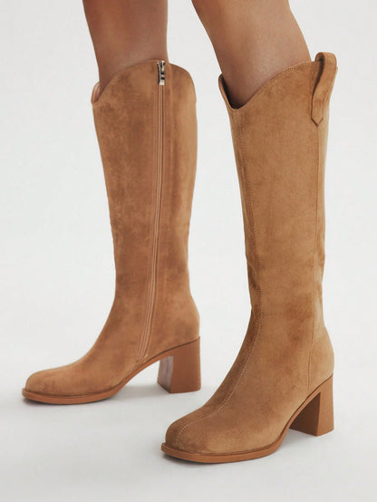 SHUZIA Botas cano alto de salto agulha de cor sólida para mulheres, outono/inverno