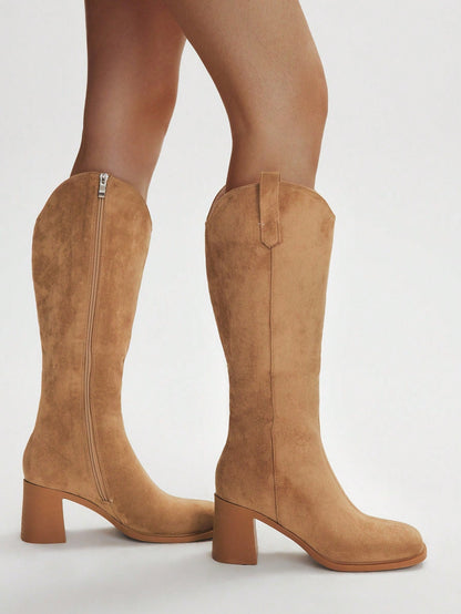 SHUZIA Botas cano alto de salto agulha de cor sólida para mulheres, outono/inverno