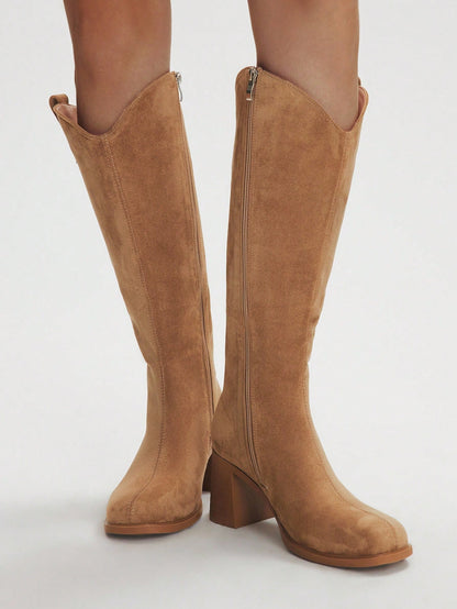 SHUZIA Botas cano alto de salto agulha de cor sólida para mulheres, outono/inverno