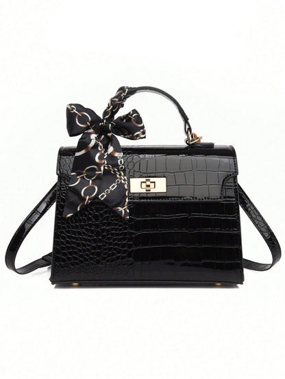 Nova Bolsa Feminina Padrão Crocodilo Brilhante, Grande Capacidade, Moda e Elegante, Acompanha Lenço Estiloso, Pode Ser Usada Como Bolsa de Ombro, Preta