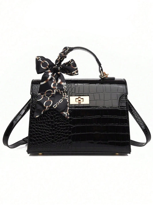 Nova Bolsa Feminina Padrão Crocodilo Brilhante, Grande Capacidade, Moda e Elegante, Acompanha Lenço Estiloso, Pode Ser Usada Como Bolsa de Ombro, Preta