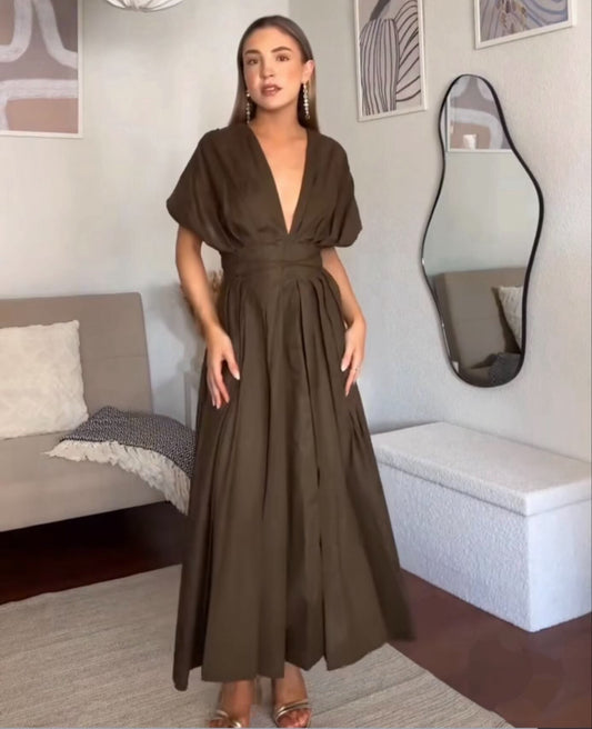Kondala 2025 outono inverno vintage vestidos femininos moda único breasted faixas drapeado decote em v sem mangas chique marrom senhoras vestidos