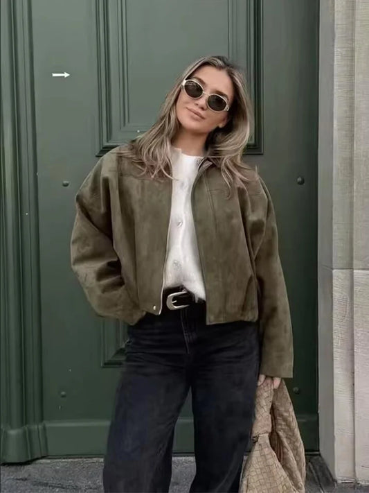 Mulheres jaqueta de camurça verde 2025 nova moda primavera manga longa zíper oversize bombardeiro casaco chique feminino high street outerwear