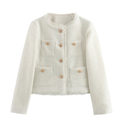 Chique feminino tweed jaqueta básica casaco roupas femininas de lã outerwear manga longa botão frontal feminino outerwear chiques topos