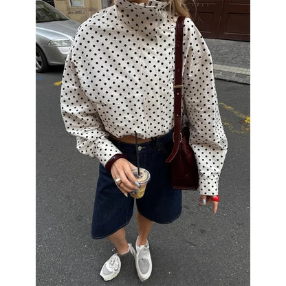 Kondala casual dot print bombardeiro jaquetas manga longa bolsos com zíper feminino outwears moda 2025 outono streetwear y2k menina jaqueta