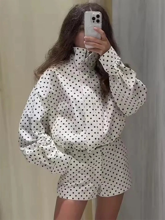 Moda polka dot shorts conjuntos para mulher 2025 outono cordão bombardeiro jaqueta cintura alta shorts 2 peças conjunto roupas femininas