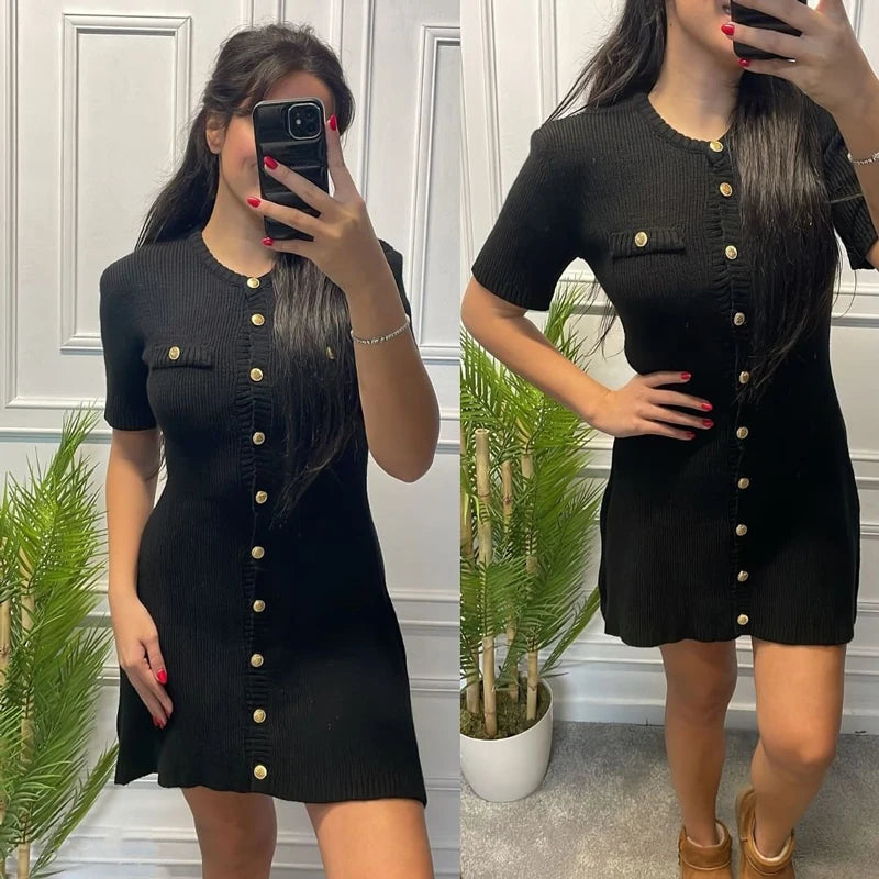 Branco elegante malha mini vestido para mulheres botão de metal sexy magro costela camisola vestido festa de férias roupas outono 2024 novo