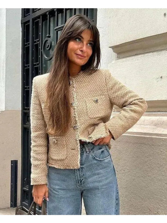 Chique feminino tweed jaqueta básica casaco roupas femininas de lã outerwear manga longa botão frontal feminino outerwear chiques topos