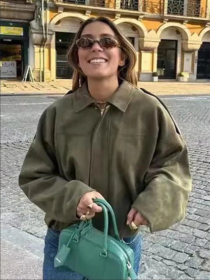 Mulheres jaqueta de camurça verde 2025 nova moda primavera manga longa zíper oversize bombardeiro casaco chique feminino high street outerwear
