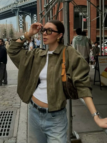 Mulheres jaqueta de camurça verde 2025 nova moda primavera manga longa zíper oversize bombardeiro casaco chique feminino high street outerwear