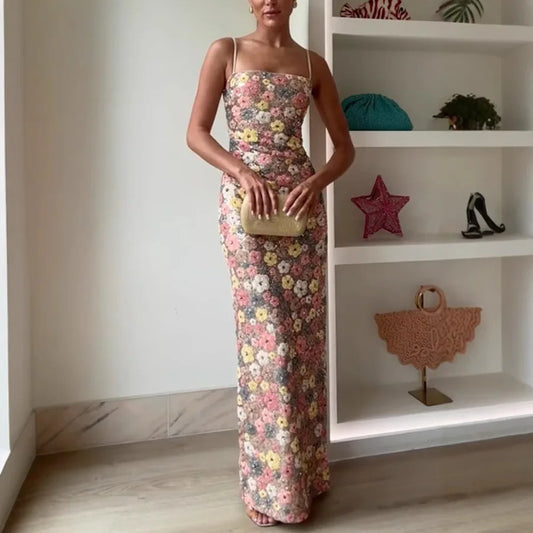 Summ feminino flores lantejoulas retalhos magro festa vestido longo sem alças moda maxi vestido, sexy sem mangas senhoras vestido vestidos