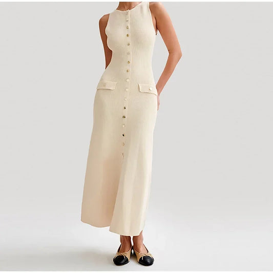 2024 verão elegante senhora de malha único breasted vestidos longos feminino sólido sem mangas o pescoço botão bodycon festa feminino vestidos