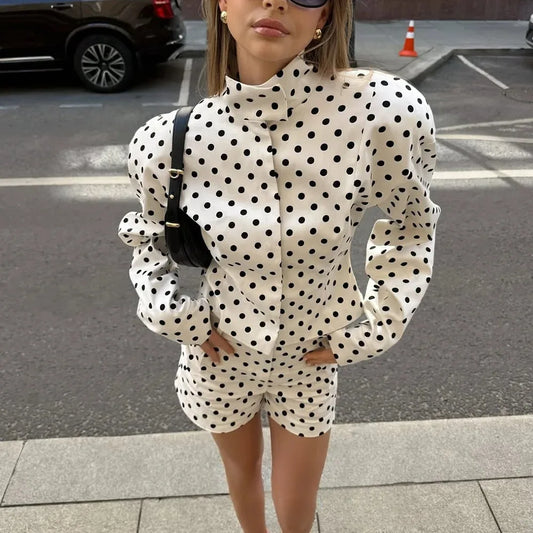Kondala casual dot print bombardeiro jaquetas manga longa bolsos com zíper feminino outwears moda 2025 outono streetwear y2k menina jaqueta