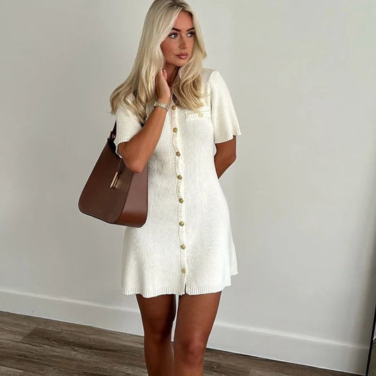 Branco elegante malha mini vestido para mulheres botão de metal sexy magro costela camisola vestido festa de férias roupas outono 2024 novo