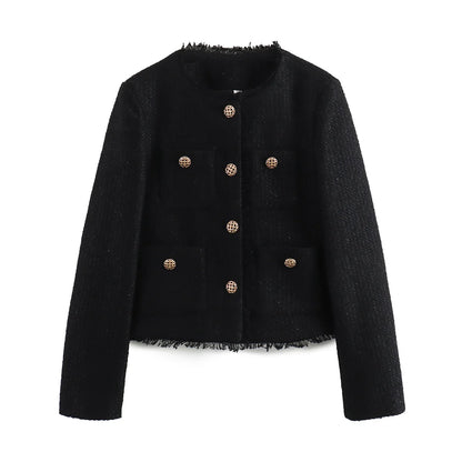 Chique feminino tweed jaqueta básica casaco roupas femininas de lã outerwear manga longa botão frontal feminino outerwear chiques topos